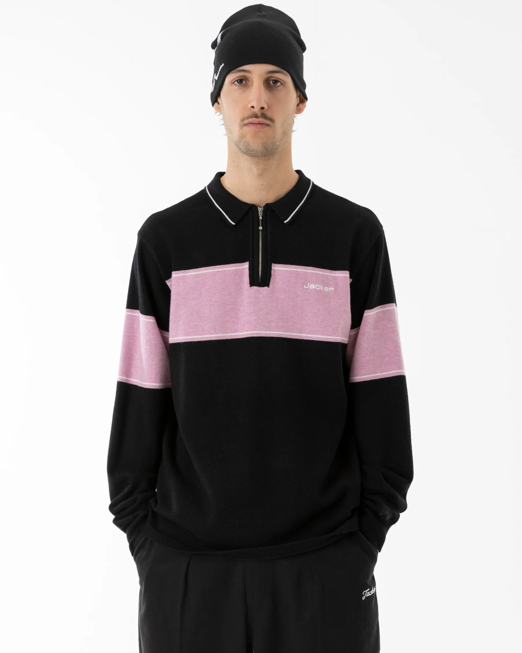 Knit|Polos|JACKER EURO STRIPE KNIT POLO - BLACK