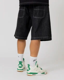 Pantalons & Shorts|Denim|JACKER SERIF LOGO DENIM BAGGY SHORT - BLACK