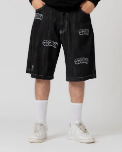 Pantalons & Shorts|Denim|JACKER THROW UP DENIM BAGGY SHORT - BLACK