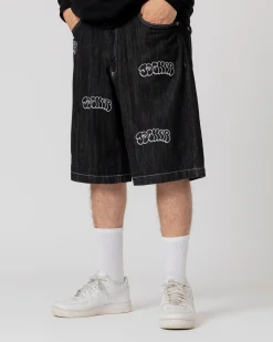 Pantalons & Shorts|Denim|JACKER THROW UP DENIM BAGGY SHORT - BLACK