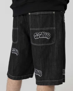 Pantalons & Shorts|Denim|JACKER THROW UP DENIM BAGGY SHORT - BLACK